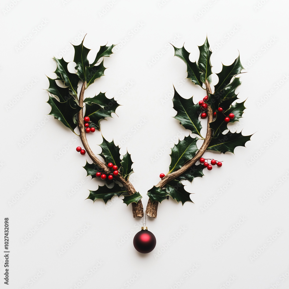 Reindeer face made of Christmas decorations and mistletoe against white background.Minimal winter holidays idea. Flat lay top view composition. Reindeer face made of Christmas decorations and mistletoe against white background.Minimal winter holidays idea. Flat lay top view composition.