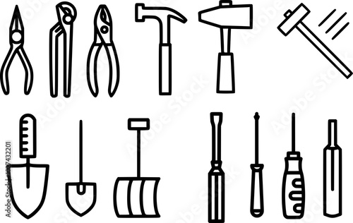 Comprehensive Vector Set of Hand Tools: Flathead/Slotted, Phillips/Cross-head, Torx/Star, Hex/Allen Key Screwdrivers, Needle/Long Nose Pliers, Pipe/Monkey Wrench, Hammers, Trowel, Shovel, Snow Scoop.