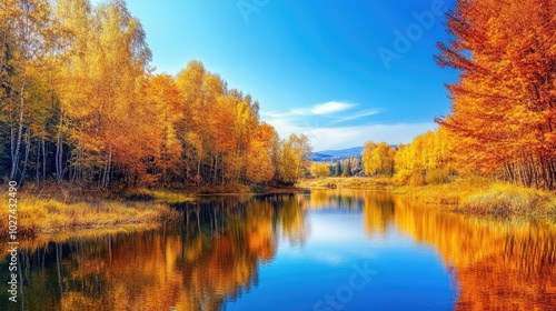 Stunning autumn landscape featuring colorful trees with golden leaves and a calm river reflecting the vibrant fall colors