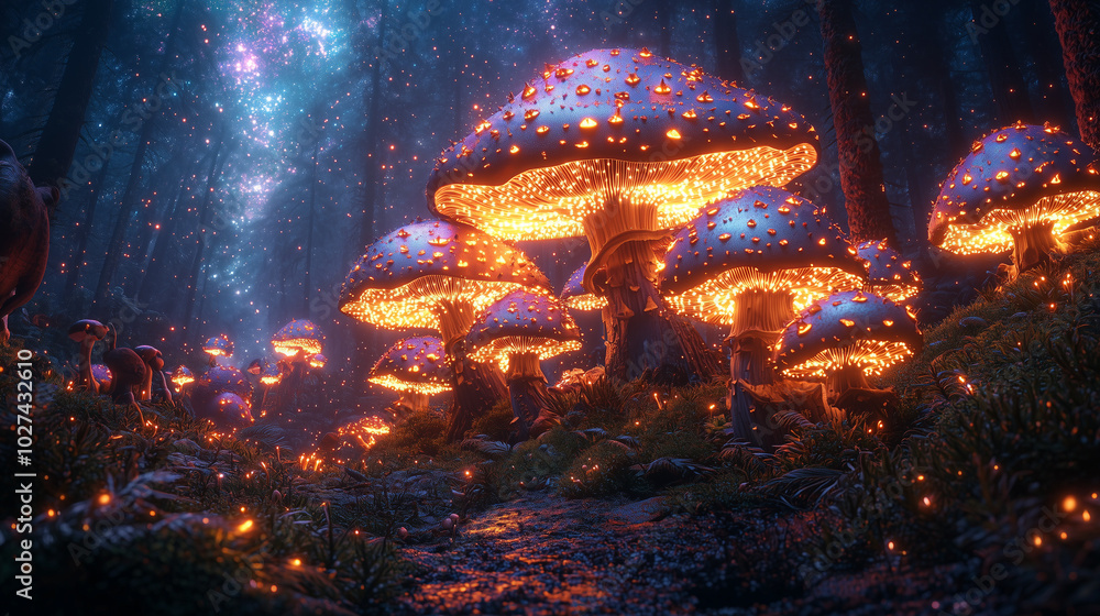 vibrant pathway through a magical mushroom forest with a glowing, ethereal atmosphere vibrant pathway through a magical mushroom forest with a glowing, ethereal atmosphere
