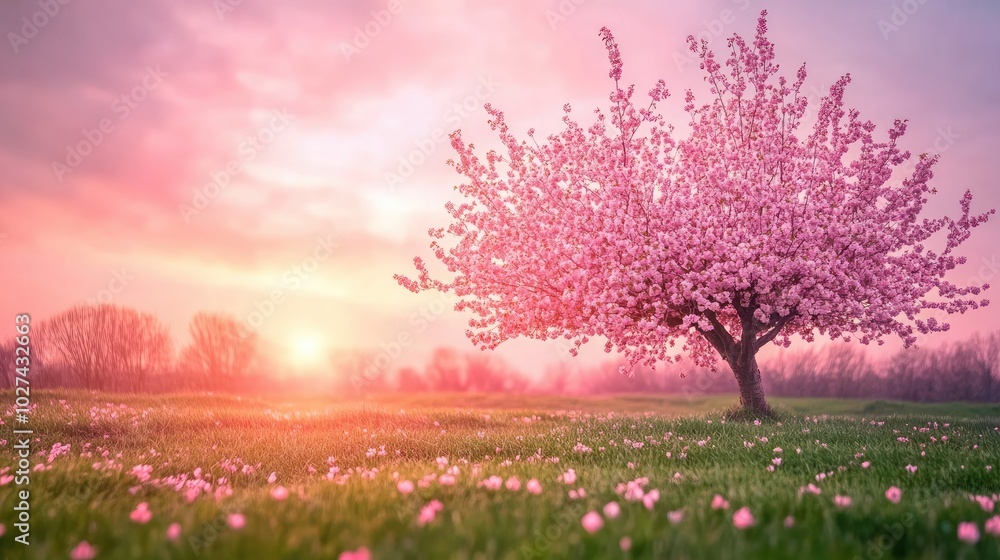 Stunning spring landscape featuring cherry blossoms in full bloom, with a soft pink sky and green grass fields Stunning spring landscape featuring cherry blossoms in full bloom, with a soft pink sky and green grass fields