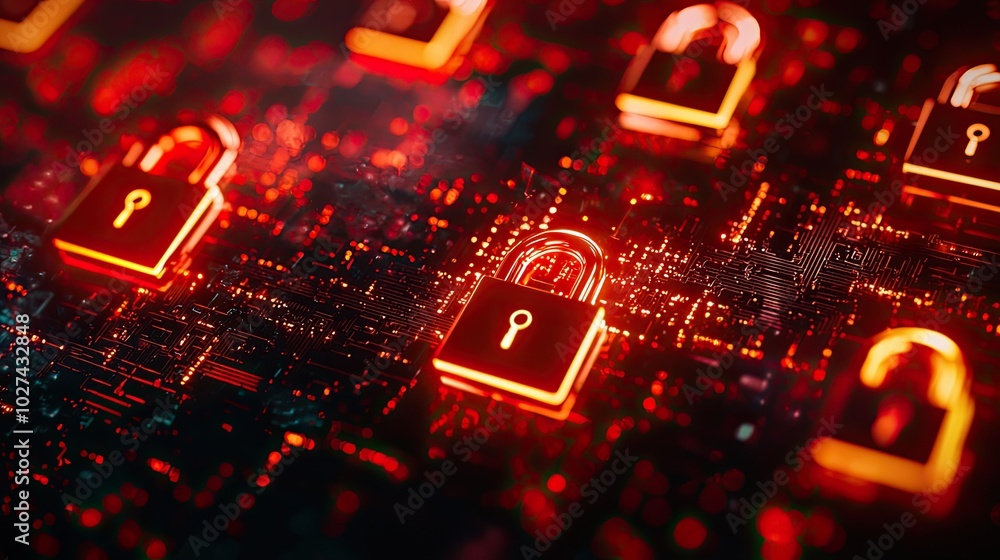 Futuristic digital locks on a vibrant circuit board background. Futuristic digital locks on a vibrant circuit board background.