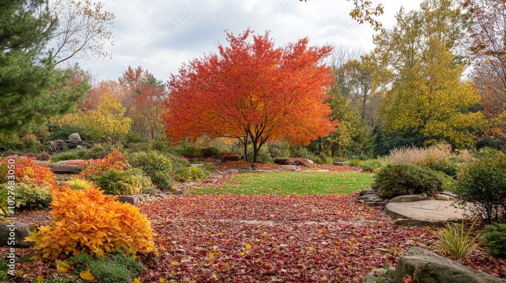 Naklejka premium A beautiful autumn garden with trees full of red, orange, and yellow leaves, surrounded by colorful fallen leaves and a bright sky
