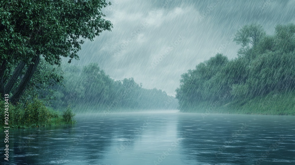 A beautiful rainy landscape featuring a peaceful river surrounded by green trees, with gentle rain falling and a soft overcast sky A beautiful rainy landscape featuring a peaceful river surrounded by green trees, with gentle rain falling and a soft overcast sky