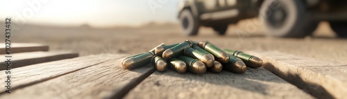 Close-up of bullets scattered on a wooden surface with a blurred vehicle in the background, capturing a military or hunting theme.