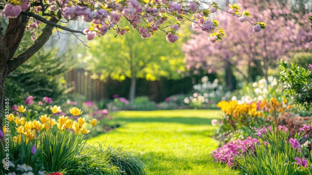 Fototapeta premium A beautiful spring garden with vibrant flowers, blooming cherry blossoms, and fresh green grass under a bright, sunny sky