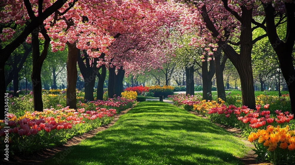 Naklejka premium A beautiful springtime park with trees full of blossoms, lush green grass, and colorful flowers blooming in every direction