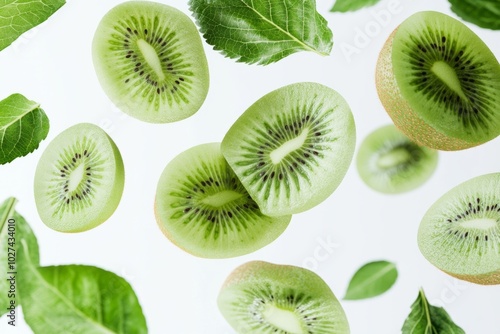 Fresh and vibrant kiwi slices float among lush green leaves. This image captures a healthy and refreshing feel. Perfect for food and health related content. Generative AI photo