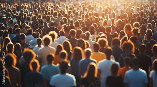 A large crowd of people gather in a public space, their faces obscured by the bright sunlight.