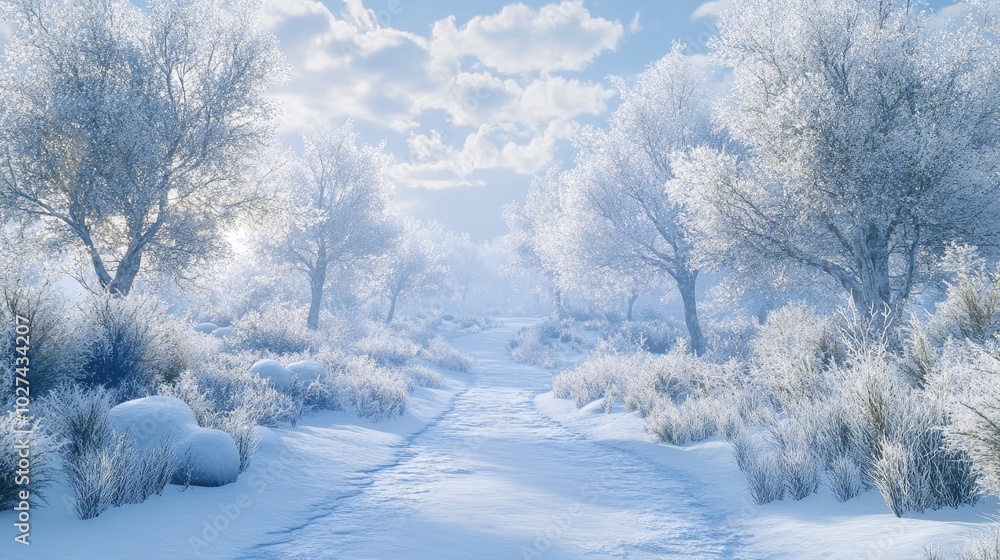 A beautiful winter landscape with frost-covered trees and snowy paths, leading into a peaceful, icy forest under a bright winter sky A beautiful winter landscape with frost-covered trees and snowy paths, leading into a peaceful, icy forest under a bright winter sky