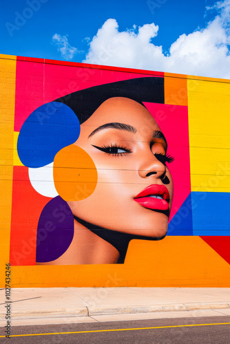 Vibrant street mural showcasing a woman's face against a colorful urban backdrop in bright daylight photo