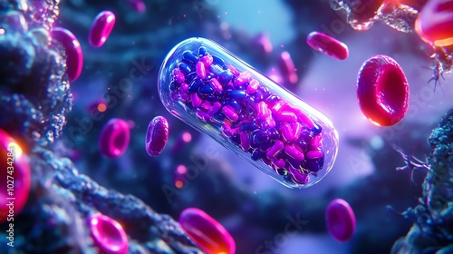 Futuristic sci-fi illustration of a pill and red blood cells floating, representing modern medicine and biotechnology innovation.