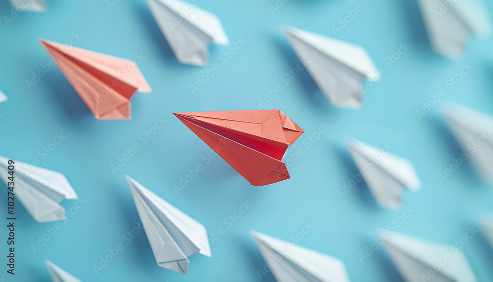 Naklejka premium Red paper airplane is in front of a row of white paper airplanes. The red airplane is the only one that is not folded