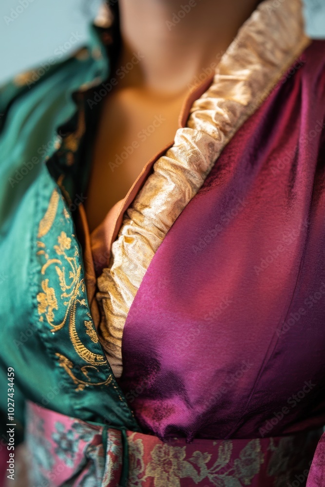Fototapeta premium Elegant Fabric Details: A Close-Up of a Colorful, Ornate Garment with Green and Purple Textures for Fashion Inspiration
