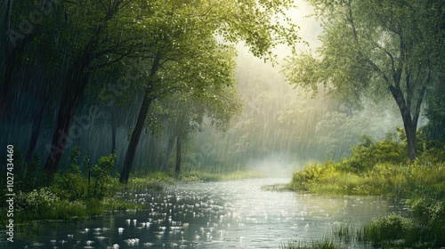 A calm rainy landscape with a gentle stream winding through a forest, raindrops falling softly, and a misty sky