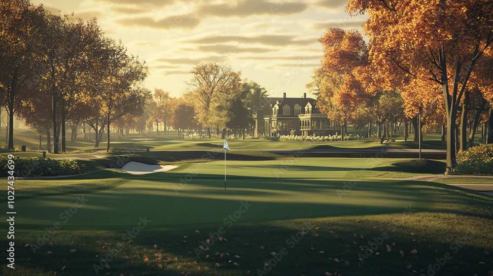 A picturesque golf course with a large house in the background. The sun is setting, casting a warm glow on the scene. A picturesque golf course with a large house in the background. The sun is setting, casting a warm glow on the scene.