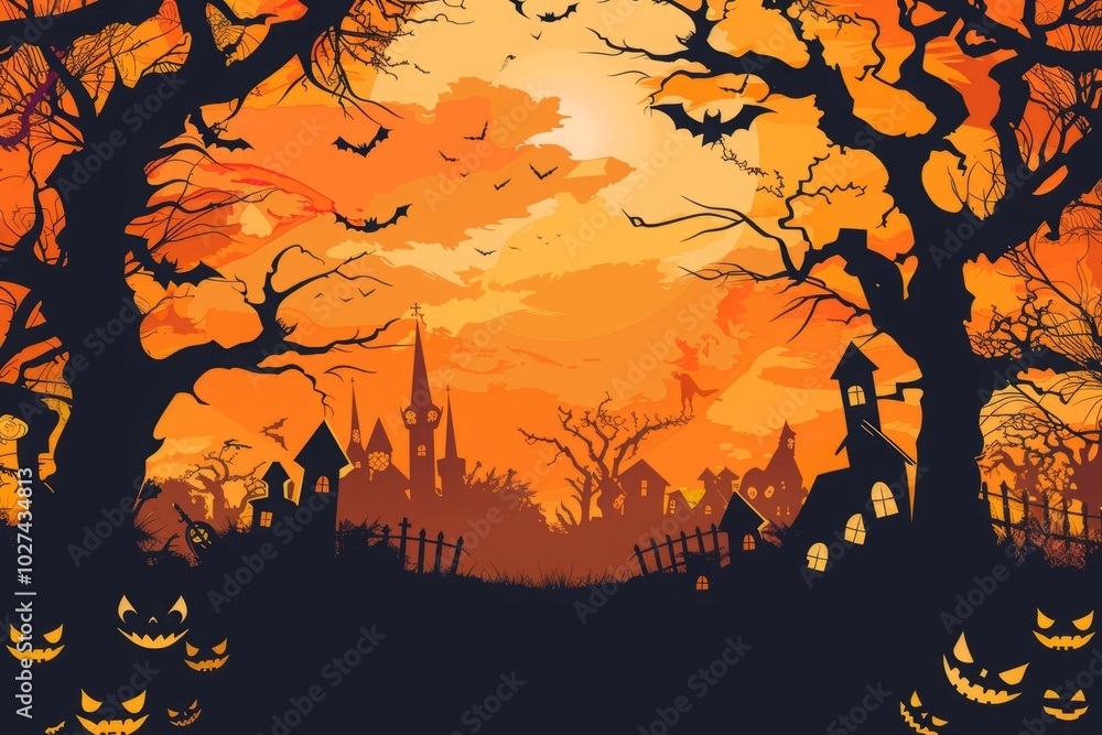 A Halloween scene with a dark forest and a large building in the background A Halloween scene with a dark forest and a large building in the background