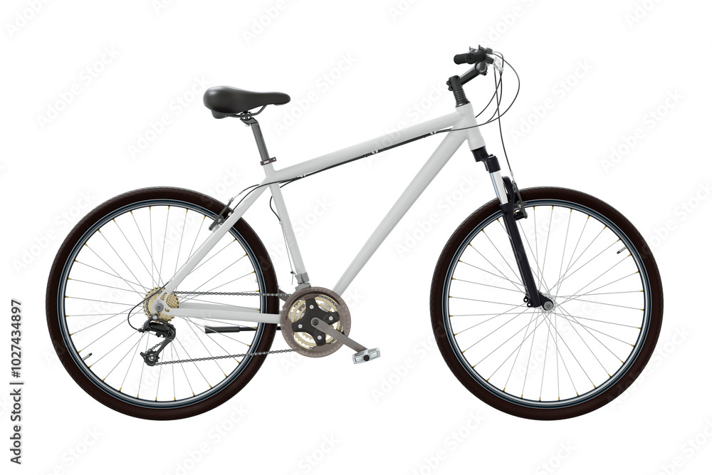 Obraz premium White bicycle, side view. Black leather saddle and handles. Png clipart isolated on transparent background