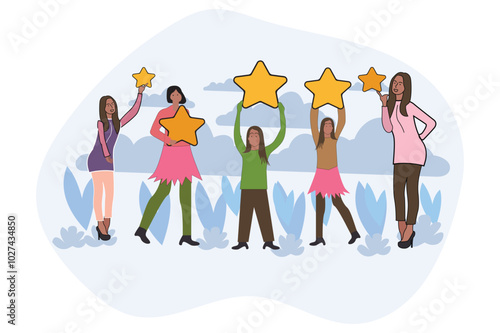 People are holding stars, People are holding stars over heads feedback Vector,  giving five star Feedback. Clients choosing satisfaction rating and leaving positive review. Feedback consumer, 