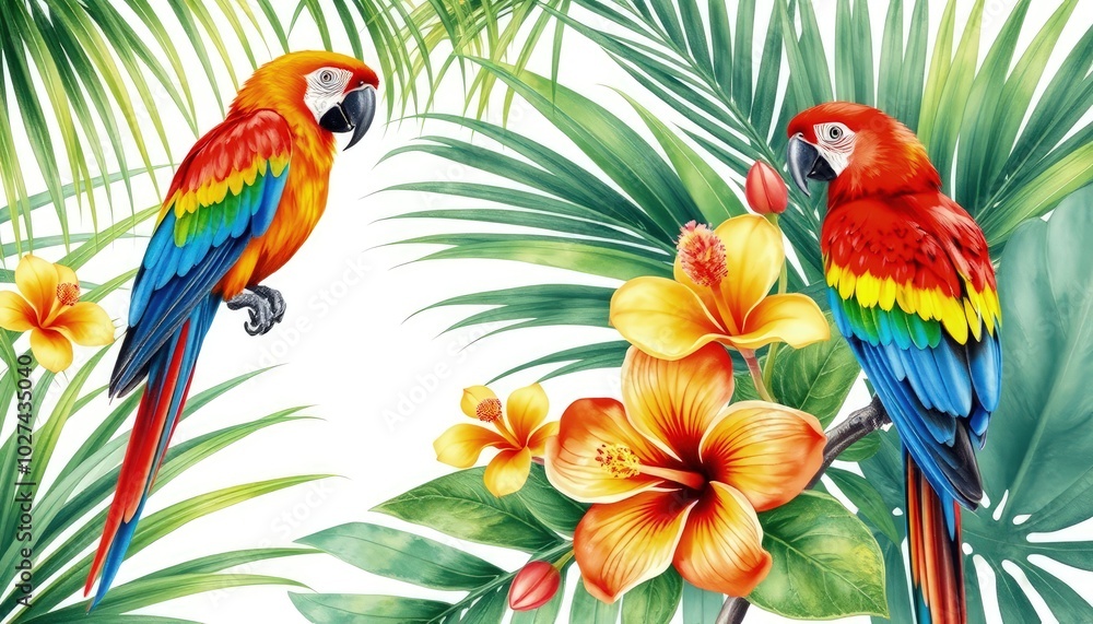 Parrots lovebirds, palm leaves, tropical flowers: turmeric, orchid, hibiscus in watercolor botanical illustration AI Generate Parrots lovebirds, palm leaves, tropical flowers: turmeric, orchid, hibiscus in watercolor botanical illustration AI Generate