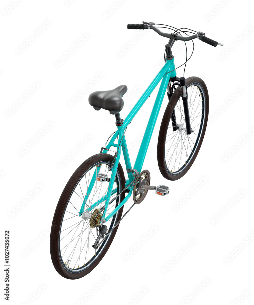Blue teal bicycle, top back view. Black leather saddle and handles. Png clipart isolated on transparent background Blue teal bicycle, top back view. Black leather saddle and handles. Png clipart isolated on transparent background