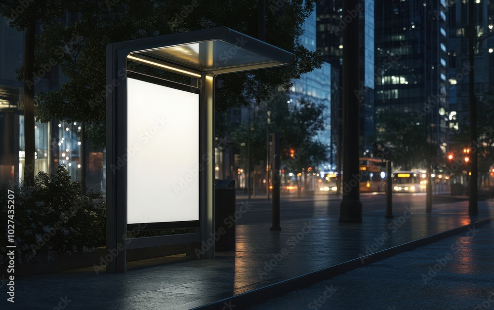Fototapeta premium A sleek bus stop shelter with a blank advertisement panel at night, illuminated by city lights, perfect for public transport ads 