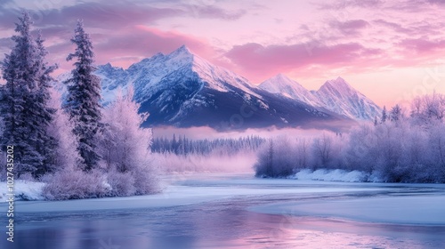 A peaceful winter landscape with snow-capped mountains, a frozen river, and trees covered in frost, under a pastel winter sky