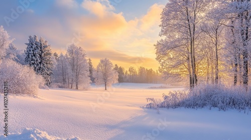 A peaceful winter wonderland with snow-covered fields, frosted trees, and a soft sunset casting a warm glow over the snowy landscape