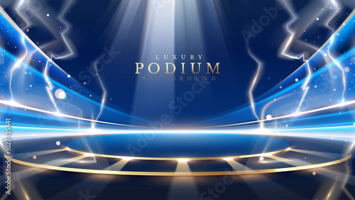 Golden empty podium on blue background decorated with lightning effect with beams of light and bokeh, design concept for flash sale, luxury style stage backdrop.
