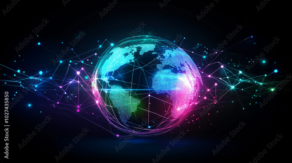 Illustration of the globe, surrounded by lines of neural connections and digital data. Technological background on the topic of the information field Illustration of the globe, surrounded by lines of neural connections and digital data. Technological background on the topic of the information field