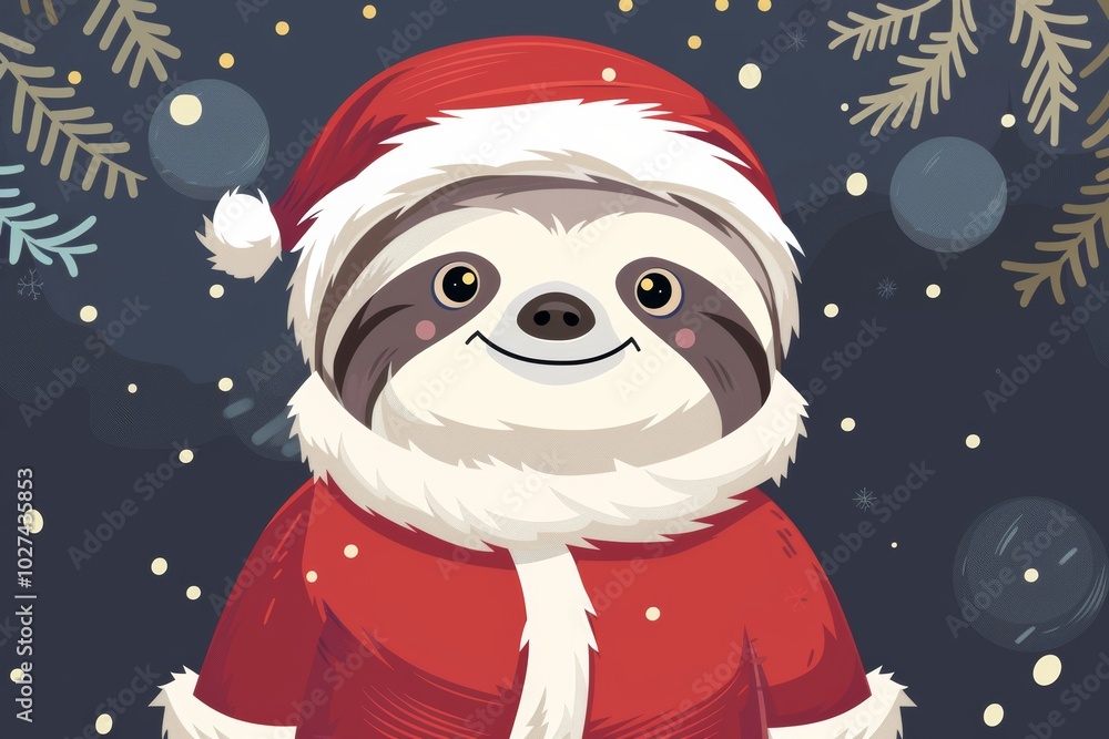 Festive sloth in santa outfit amidst snowy night Festive sloth in santa outfit amidst snowy night