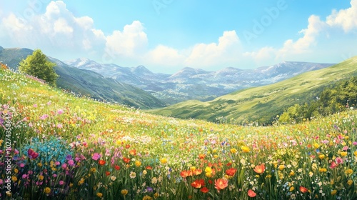 A picturesque spring meadow with colorful wildflowers, green hills, and a bright, clear blue sky creating a peaceful atmosphere