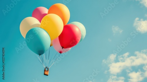 A vibrant group of balloons ascends into a clear blue sky, creating a joyful and festive atmosphere on a sunny day. Generative AI