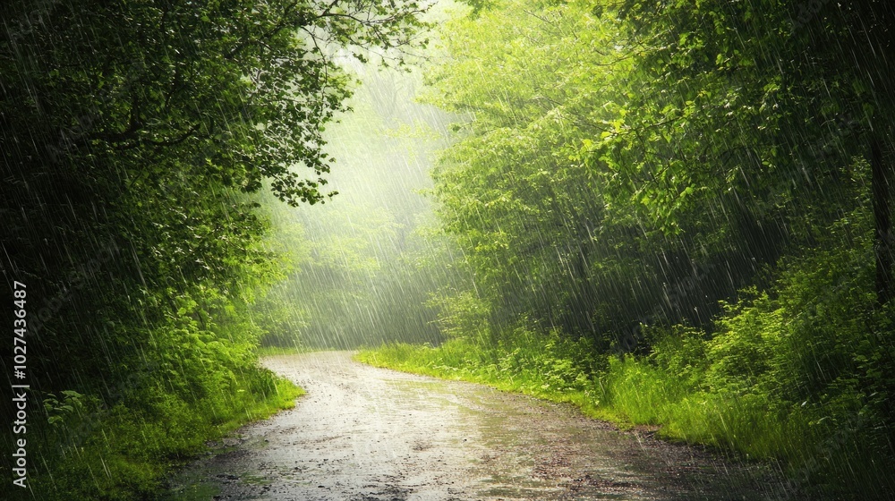 Obraz premium A serene scene of a rain-soaked forest path, with green trees, gentle raindrops falling, and a misty horizon