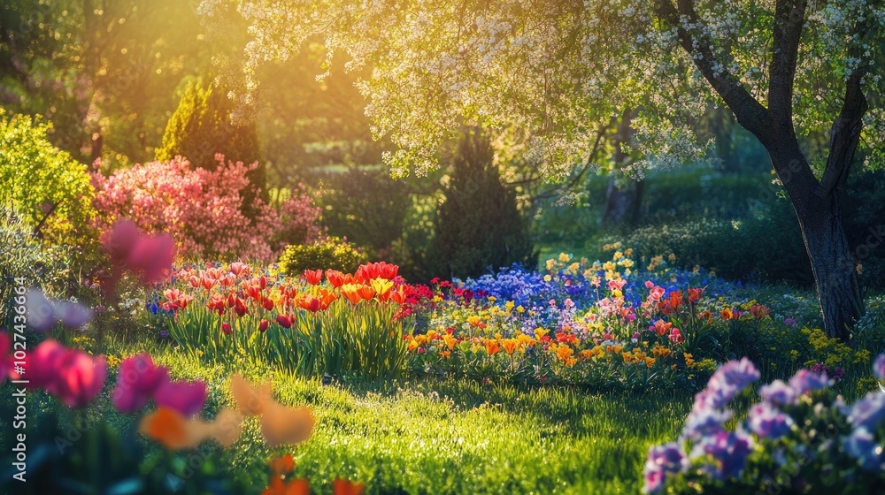 Obraz premium A serene spring scene with a vibrant garden of colorful flowers, blooming trees, and soft sunlight casting a warm glow