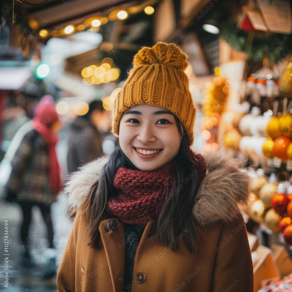 A woman wearing a yellow hat and a red scarf is smiling A woman wearing a yellow hat and a red scarf is smiling