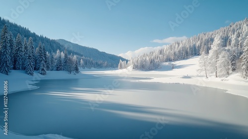 A serene winter landscape with rolling snow-covered hills and a peaceful frozen lake, surrounded by snow-capped trees