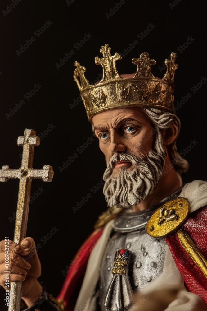 Obraz premium Detailed Figurine of a Bearded King with Crown and Cross