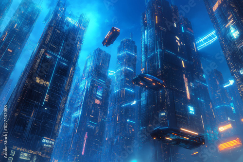 Futuristic Cityscape with Glowing Skyscrapers and Floating Vehicles