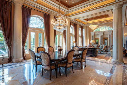 close up horizontal image of a luxury house interior with large windows, fancy details and marble floors and columns