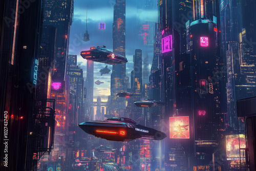 Futuristic Cityscape with Glowing Skyscrapers and Floating Vehicles