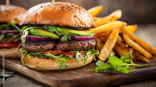 Two juicy beef burgers with avocado, tomato, red onion and arugula on sesame seed buns served with french fries on wooden board.