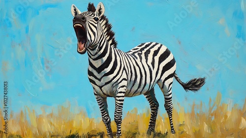 A zebra with an open mouth stands in a field of tall grass against a blue sky. photo