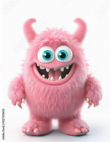 Adorable pink monster with big eyes and a cheerful grin, standing against a bright white background. A fluffy, friendly creature!