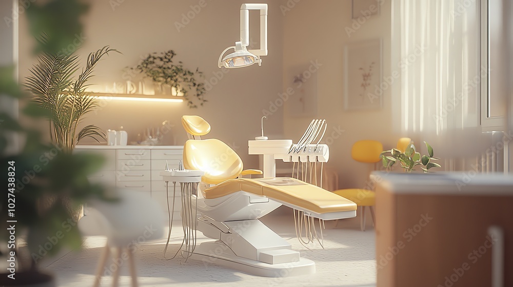 Fototapeta premium A clean and modern dental office with a comfortable chair, a sleek countertop, and a large window.