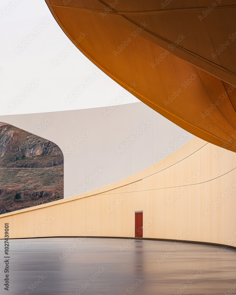 Obraz premium Modern architectural design featuring curved lines and warm colors in a mountainous landscape