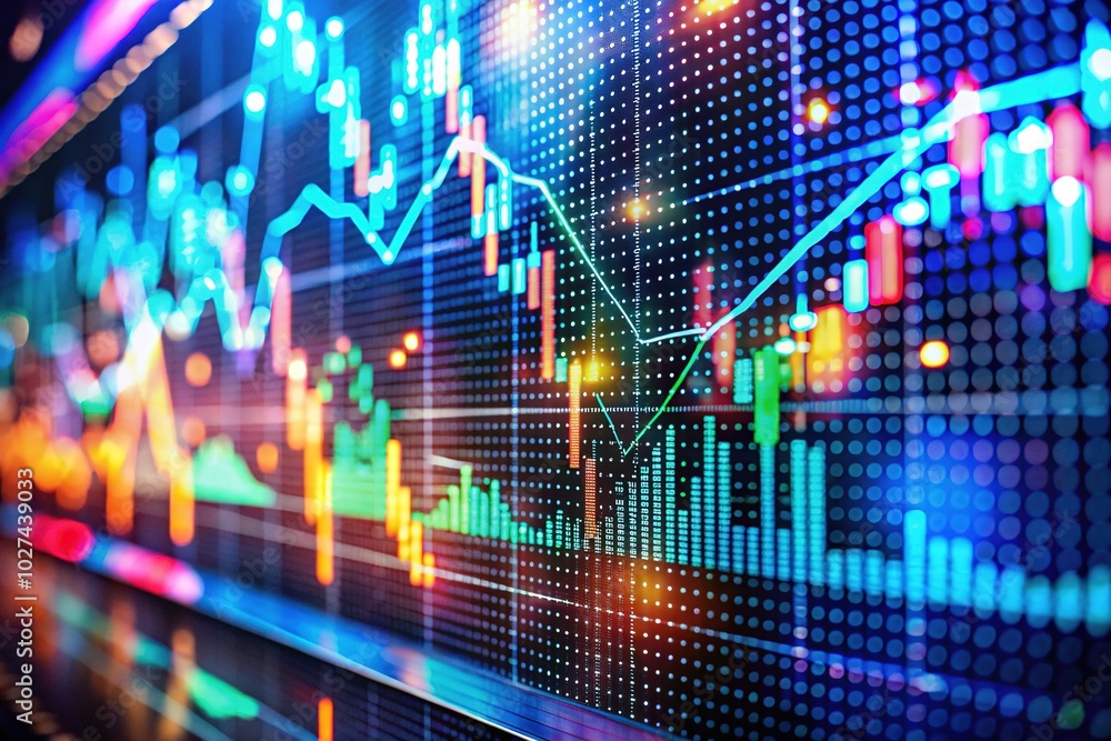 Tilt-Shift Stock Chart Animation on LED Display with Financial Figures and Profit Diagrams Tilt-Shift Stock Chart Animation on LED Display with Financial Figures and Profit Diagrams