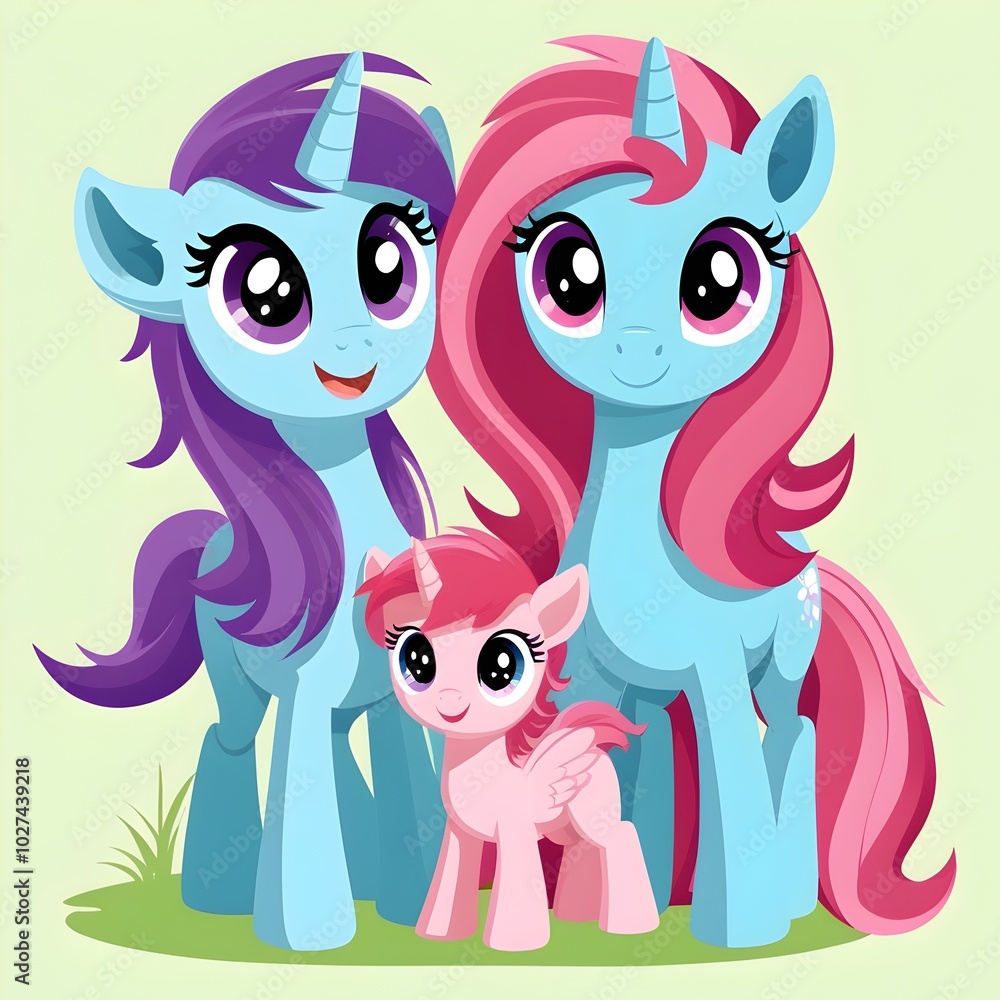 charming pony family illustration with smiling faces on a green background charming pony family illustration with smiling faces on a green background