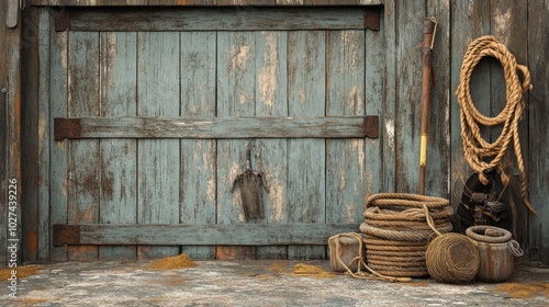 Rustic wooden wall with old tools and rope, perfect for a vintage or western themed background.
