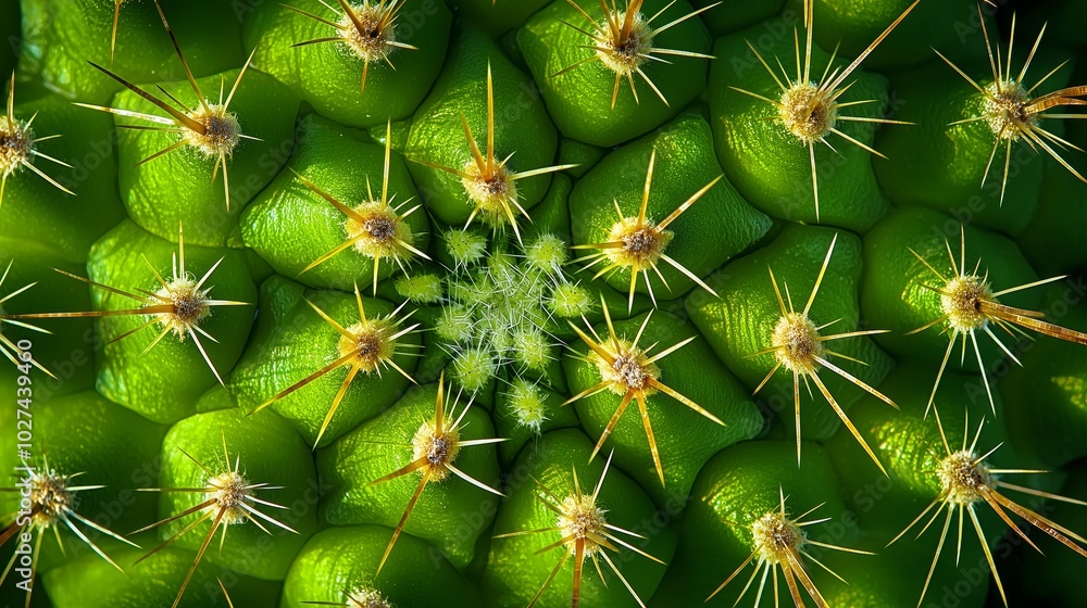 Close-Up Top-Down View of Cactus Plant with Vibrant Green Color, Radial Symmetry, and Star-Like Pattern of Yellowish-White Spines on Glossy Segments Close-Up Top-Down View of Cactus Plant with Vibrant Green Color, Radial Symmetry, and Star-Like Pattern of Yellowish-White Spines on Glossy Segments